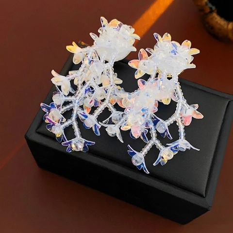 Flower Tassel Dangle Earrings Iridescent Acrylic Seed Bead Fairy Style For Women With 925 Sterling Silver Earring Post