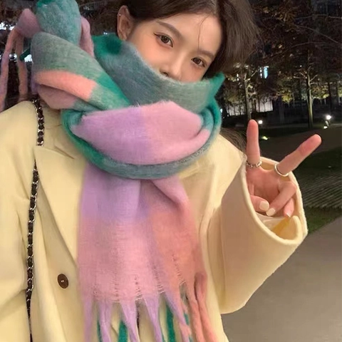 Sciarpa Invernale a Quadri in Poliestere Grande da Donna Plaid Arcobaleno Calda Lunga Con Nappe per Viaggi all'Aperto Uso Quotidiano
