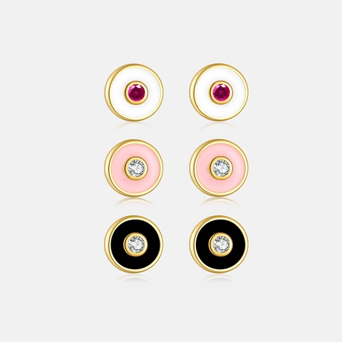 Orecchini a Bottone Tondi Malocchio in Argento Sterling 925 Placcati Oro Smalto Strass Gioielli Geometrici per Donna