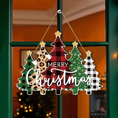 Merry Christmas Wood Hanging Sign Decorative Buffalo Plaid Leopard Print Forest Tree Door Plaque Wall Art Decor