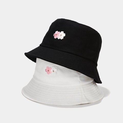 Cherry Blossom Embroidery Bucket Hat Cotton Canvas Sun Protection Summer Travel Fishermans Hat Women