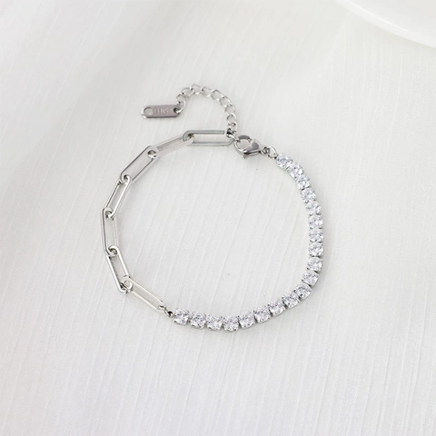 Pulsera De Acero Inoxidable Y Circonita Media Cadena De Clip Y Tennis Para Mujer Color Plata Ajustable Estilo Ins