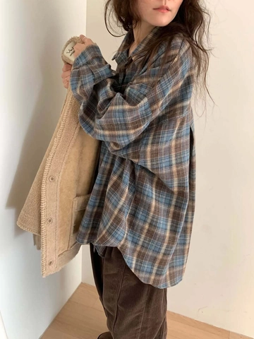 Plaid Shirt Women Long Sleeve Button Down Loose Fit Oversized Lapel Retro Casual Blouse Polyester Cotton Brushed Top