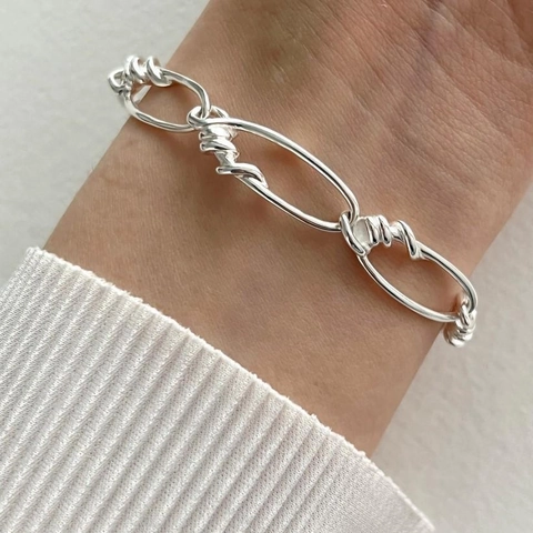 Pulsera De Cadena De Plata De Ley 925 Eslabón Ovalado Envoltura De Alambre Estilo Industrial Joyería Minimalista