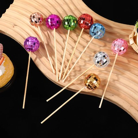 Reflective Disco Ball Cake Toppers Mirror Surface With Wood Stick Birthday Party Wedding Decoration Retro Party Supplies