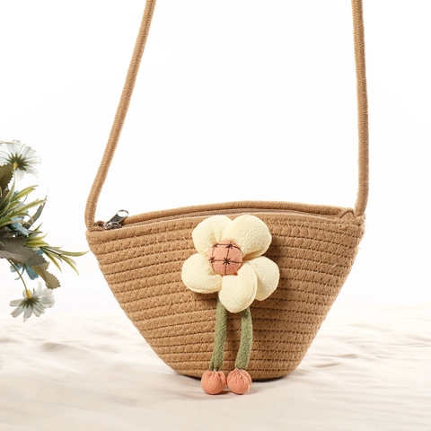 Borsa Tracolla Intrecciata Corda Cotone Fiore Orso Decor Mini Borsa Spalla Conchiglia Vacanze Stile Spiaggia Donne