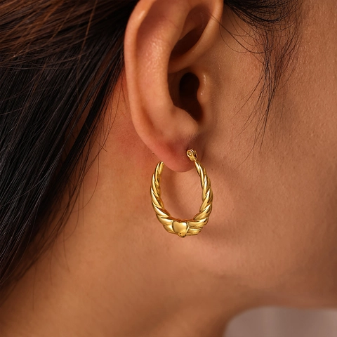 Pendientes de Aro de Corazón de Acero Inoxidable con Cuerda Trenzada para Mujer Dije de Corazón Chapado en Oro de 18K Joyería de Moda