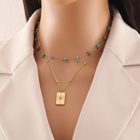 Double Layered Necklace Stainless Steel Turquoise Evil Eye Rectangular Pendant Gold Plated Fashion Jewelry Women