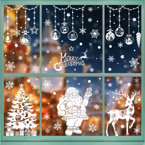 Christmas Snowflake Static Cling Window Stickers White Santa Reindeer Glass Decals For Holiday Party Home Shop Decoration