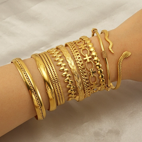 Bracelet Jonc Ouvert En Acier Inoxydable Plaqué Or 18K Rétro Géométrique Serpent Bambou Texture Bijoux Mode