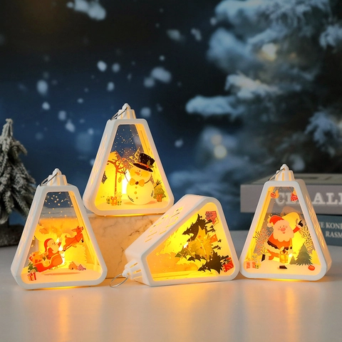 Weihnachts LED Laterne Dreieckig Nachtlicht Leuchtend Kunststoff Weihnachtsmann Schneemann Muster Desktop Deko Lampe