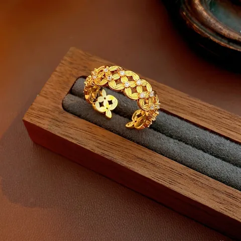 Hohl Offener Ring 18K Vergoldetes Kupfer Zirkonia Eingelegt Gewebt Geometrisch Verstellbar Mode Schmuck Für Frauen