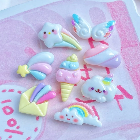 Mini Resin Flatback Charms Rainbow Cloud Star Wings Ice Cream Heart DIY Craft Phone Case Decor Hair Clip Nail Art Cute