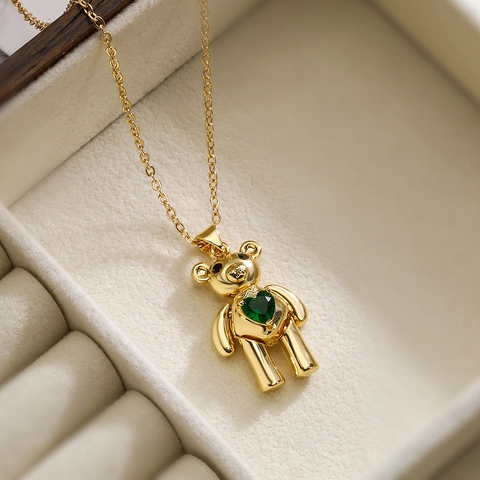 Lindo Collar Con Colgante De Oso De Peluche De Cobre Chapado En Oro Con Circonita De Corazón Joyería De Moda Para Mujer