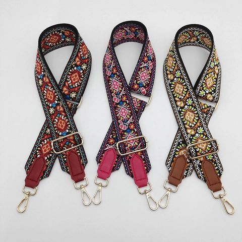 Wide Shoulder Strap Replacement Ethnic Embroidery Pattern Polyester PU Leather Adjustable Rotating Metal Hooks For Women Bags