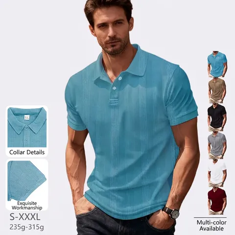 Men Short Sleeve Polo Shirt Waffle Jacquard Knit Lapel Casual Business British Style Fashionable Polyester Top