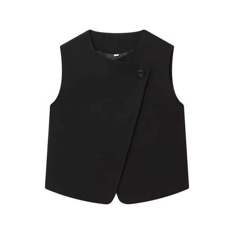 Women Asymmetric Button Waistcoat And Straight Leg Pants Solid Color Polyester Streetwear Business Casual Outfit