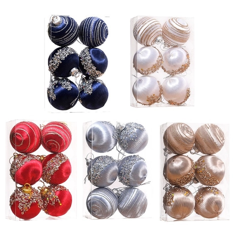 Christmas Tree Ball Ornaments Foam Satin Thread Wrapped Sequins Beads Decoration Holiday Party Decor Shimmery Elegant