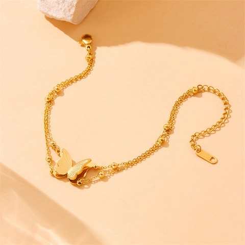 Fashion Butterfly Stainless Steel Gold Plated Double Layer Beaded Chain Necklace And Bracelet For Women Elegant Jewelry
