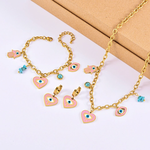 Evil Eye Hamsa Hand Necklace Bracelet Earrings Stainless Steel Pink Enamel Heart Turquoise Bohemian Style Women