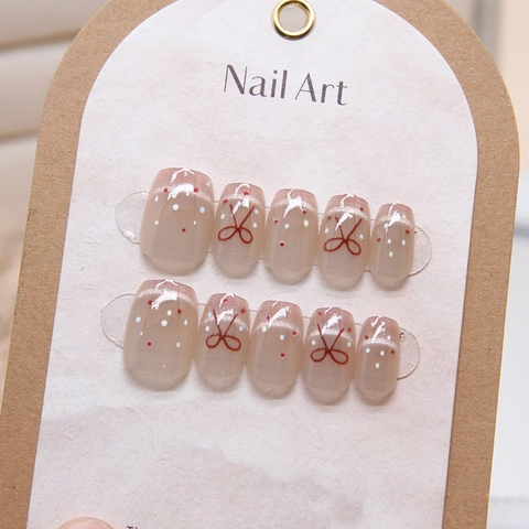 Unghie Finte Press On Occhio Di Gatto Stile Francese Rosa Nude Fiocco Rosso Punti Bianchi ABS Plastica Corto Alla Moda