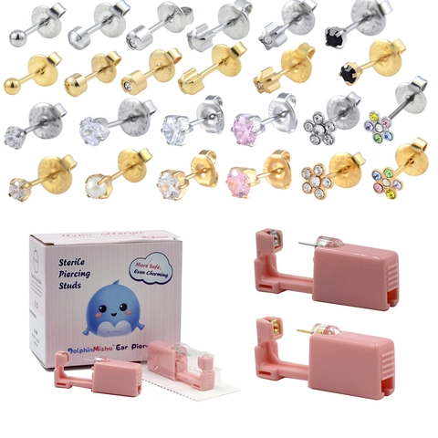 Disposable Ear Piercing Tool Plastic With 316L Stainless Steel Stud Zircon Flower Star Heart Professional Sterile Painless
