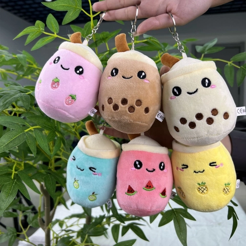 Cute Cartoon Milk Tea Cup Plush Toy Keychain Mini Boba Stuffed Doll Fruit Embroidery Bag Pendant Charm Key Ring Gifts