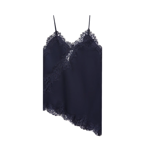Women's Sexy Satin Lace Camisole V Neck Asymmetric Hem Spaghetti Strap Tank Top Elegant Silk Feel Sleeveless Top