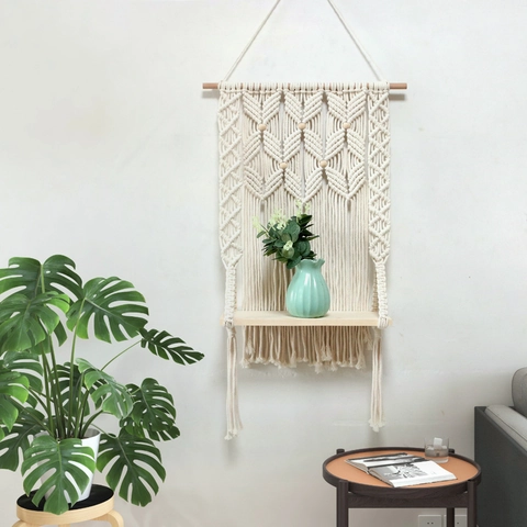 Scaffale Da Parete In Macramè Fatto A Mano Con Legno Corda Di Cotone Arazzo Tessuto Decorazione Boho Organizzatore