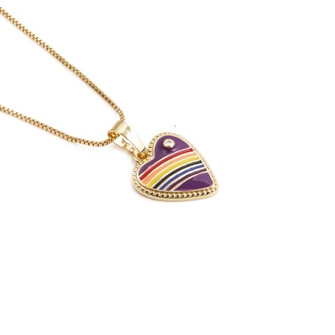 Collier Pendentif Coeur Émail À Rayures Arc-En-Ciel Cuivre Plaquage Or Zircon Bijoux Pour Femmes Style Minimaliste Doux
