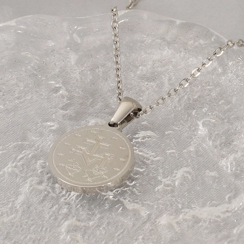Collana Medaglia Miracolosa Acciaio Inossidabile Vergine Maria Pendente Rotondo Intarsio Conchiglia Gioielli Religiosi