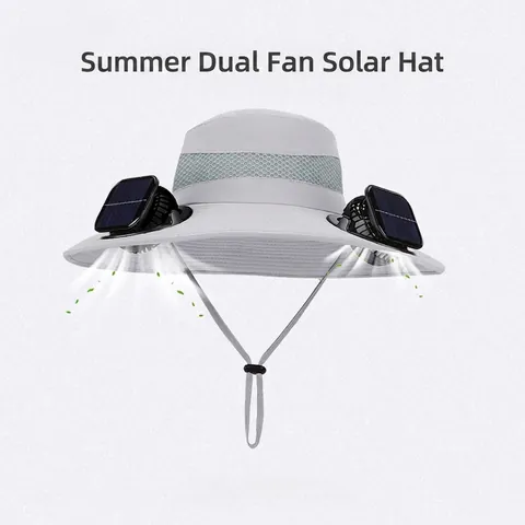Solar Power Dual Fan Bucket Hat Nylon Wide Brim Breathable Outdoor Fishing Hiking Sun Protection For Men