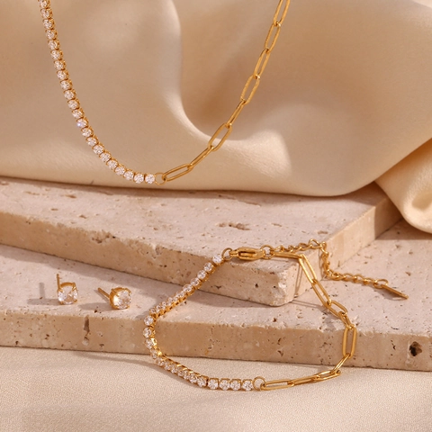 Gold Überzogener Edelstahl Büroklammer Zirkon Tennis Spleißkette Halskette Armband Und Ohrringe Für Frauen Trendiger Schmuck