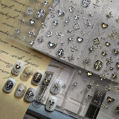 Retro Gothic Relief Nail Art Stickers Heart Star Moon Cross Pattern Metallic Texture Self Adhesive Decals For DIY
