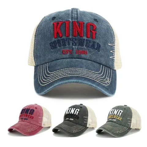 Cappello Da Baseball In Cotone Lavato Retrò Trucker Hat King Ricamo Maglia Traspirante Regolabile