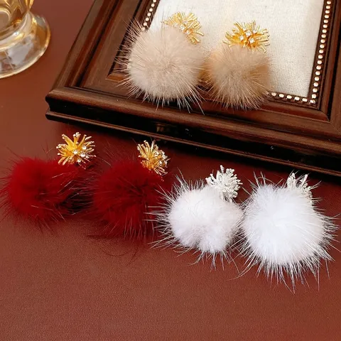 Firework Zircon Faux Fur Pom Pom Earrings Alloy With Silver Earring Post Winter Elegant Fashion For Women