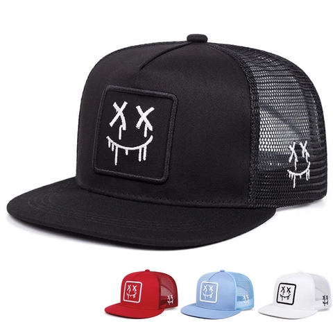 Cappello Trucker Mesh Visiera Piatta Regolabile Snapback Ricamato Faccina Sorridente Streetwear Baseball Unisex