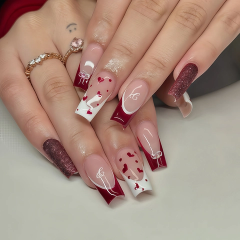 Unghie Finte Press On French Tip Design Cuore Fiocco Moda Elegante Resina ABS Decorazione Manicure