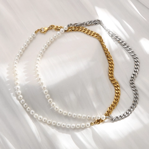 Collana Bracciale In Acciaio Inossidabile Perla Artificial Di Conchiglia Catena Barbazzale Design Elegante Punk Gioielli Per Donne Uomini