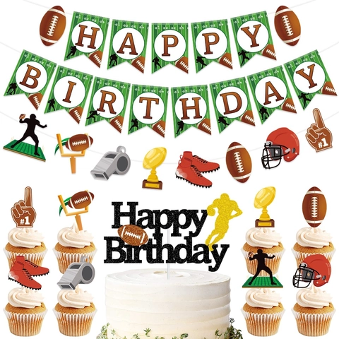 Banner Decorazione Festa Compleanno Tema Football Americano Rugby Cake Toppers Carta Glitter Stile Sportivo Per Bambini
