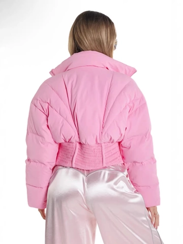 Women Short Puffer Jacket Elastic Waist Smocked Cotton Padded Coat Turn Down Collar Zip Up Thick Casual Solid