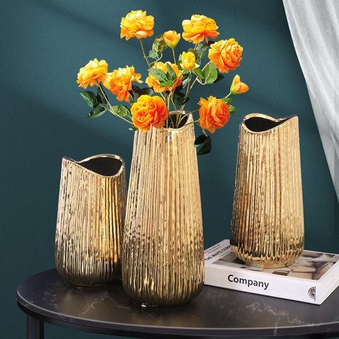 Jarrón De Cerámica Dorada Y Ramo De Flores Artificiales Cerámica Galvanizada De Lujo Nórdico Para Decoración De Mesa