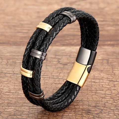 Herren Geflochtenes Lederarmband Mehrschichtig Edelstahl Magnetverschluss Punk Vintage Boho Schmuck Geschenk