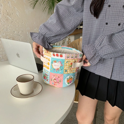 Quilted Cotton Fabric Storage Basket With Handles Desktop Organizer Round Cloth Bin For Cosmetics Snacks Stationery