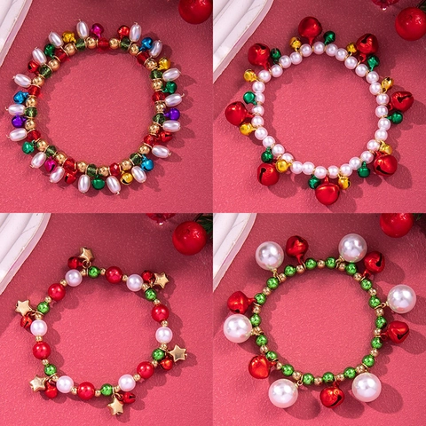 Weihnachtsarmband Künstliche Perlenlegierung Glocke Rentier Weihnachtsmann Charms Festlicher Urlaub Schmuck Geschenk Frauen Mädchen