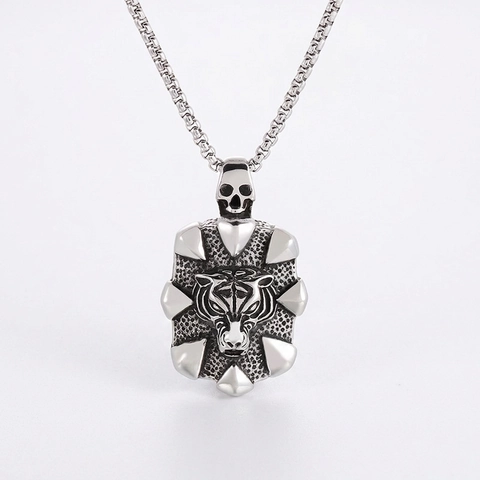 Collana Da Uomo In Acciaio Inossidabile Punk Retrò Con Ciondolo A Scudo Testa Di Tigre E Accento Di Teschio
