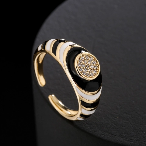 Geometric Open Ring 18K Gold Plated Copper Enamel Colorful Stripes Micro Pave Zircon Adjustable Retro Jewelry For Women