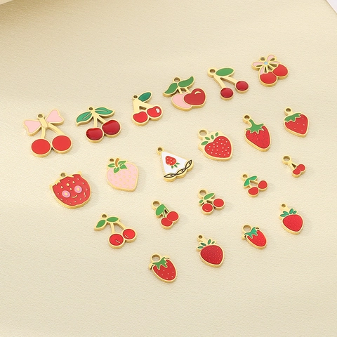 Dijes De Frutas Fresa Cereza Esmalte Pendants De Acero Inoxidable Para Creación De Joyas DIY Estilo Dulce Acentos Dorados