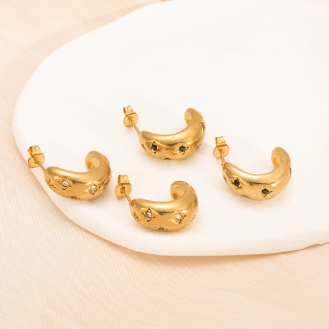Pendientes Botón Acero Inox Retro En C Para Mujer Con Zircón Estrella Chapado Oro 18K Joyería Geométrica