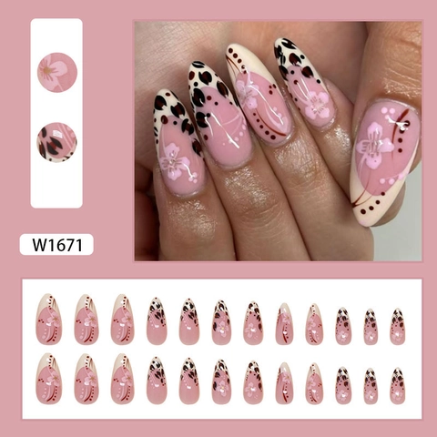 Uñas Postizas Press On Almendra Largas Flores De Melocoton Leopardo Estilo Frances Elegante Para Mujeres